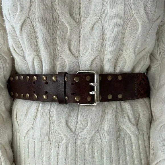 Vintage Womens Brown 100% Leather Studded Wide Hippie Waist Belt Sz M
